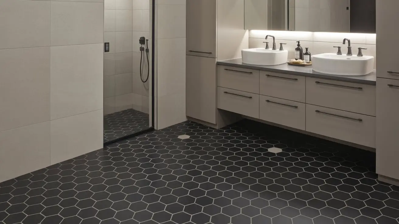 black hexagon tile bathroom